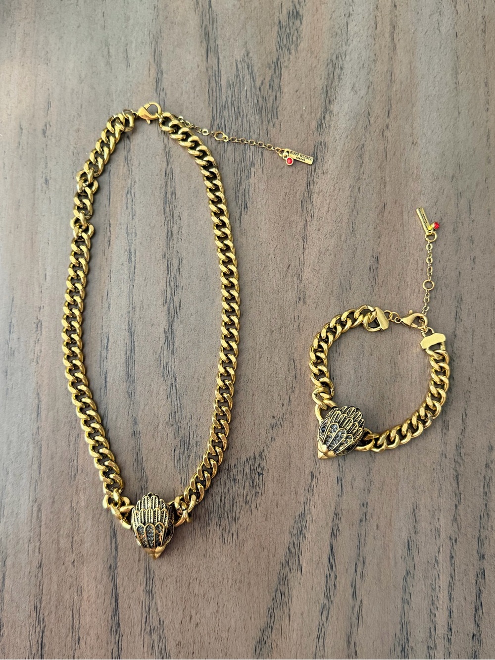 Kurt Geiger Gold-Tone Chain Necklace and Bracelet Set with Wing Heart Charms
